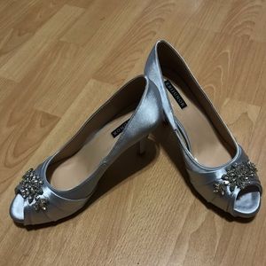 Silver peep toe high heels with rhinestones size 9